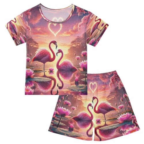 Flamingos Valentines Pajama Set Short Sleeve PJ Set Cotton Summer Pajamas Sleepwear Soft 5Y
