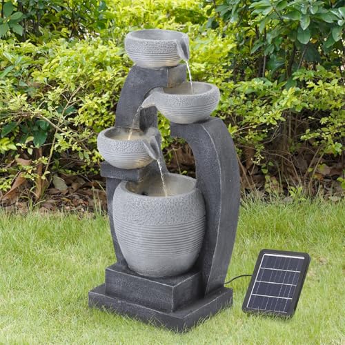 BTGGG Solar Powered Water Feature - 4 Tier Patterned Bowl Cascading Solar Water Fountain Outdoor Garden Water Feature Solar Waterfall with Lights and Pump For Patio Yard Decor