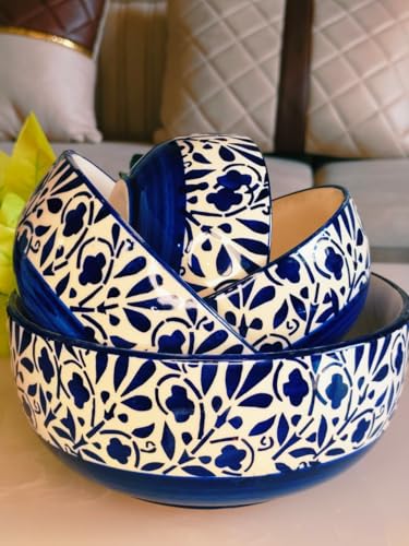 Image of Niyara Stoneware Handmade Ceramic Stylish Premium Serving Bowls /Salad Tray Microwave Dishwasher Safe Set of 4 (Blue & White Floral Print)