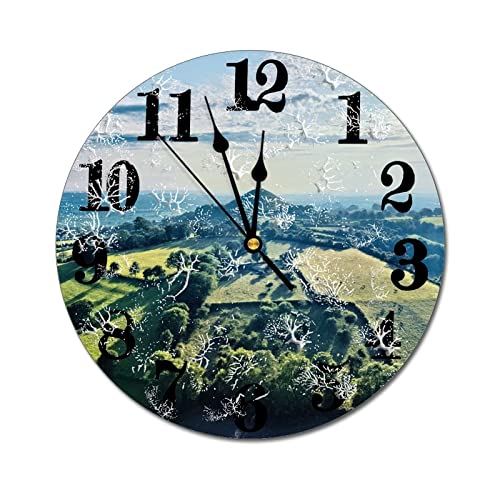 Higoss Kitchen Wall Clock - Home Decorative Wall Clocks Silent Non-Ticking, Modern Natural Scenery, 12 Inch for Bedroom Office - Drone Take Of Glastonbury Tor, A Magical Place