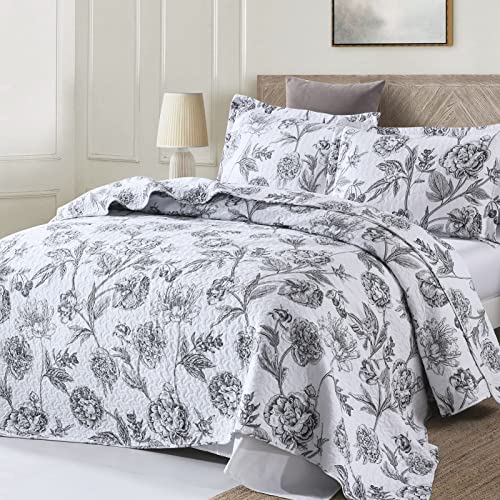 Queen Size Quilt, 100% Cotton White Quilt Set Queen With Black Floral Print Pattern, Lightweight Comforter Set For Hot Sleepers, Ultralight Soft Bedspreads For All Season, 3-Pieces Bedding Sets #TOP1