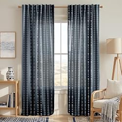 Navy Blue 96 Inches Long Nursery Curtains Boy,Sheer Boho White Floral Striped Linen Nautical Curtains for Baby Living Room