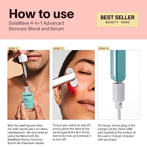 Solawave 4-In-1 Facial Wand And Renew Complex Serum Bundle | Red Light Therapy For Face And Neck | Microcurrent Facial Device For Anti-Aging | Face Massager With Anti-Wrinkle Serum | Blue/Pink Ombre #TOP3