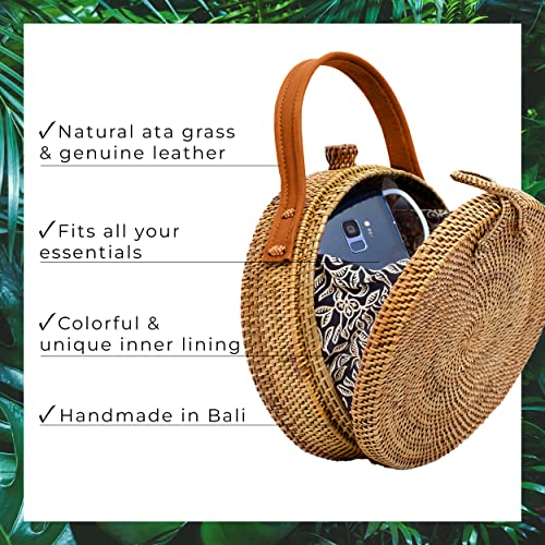 Image of Novum Crafts Round Rattan Bag for Women - Handmade Ata Wicker Woven Purse - Circle, Square, Oval Brown Straw Boho Bags