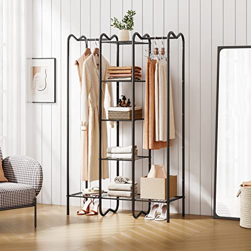 Gewudraw Clothes Rack With Shelves, Portable Closet Wardrobe Clothes Organizer, Metal Garment Rack For Hanging Clothes, Freestanding Wire Shelving Garment Rack Closet Organizer And Storage #TOP1