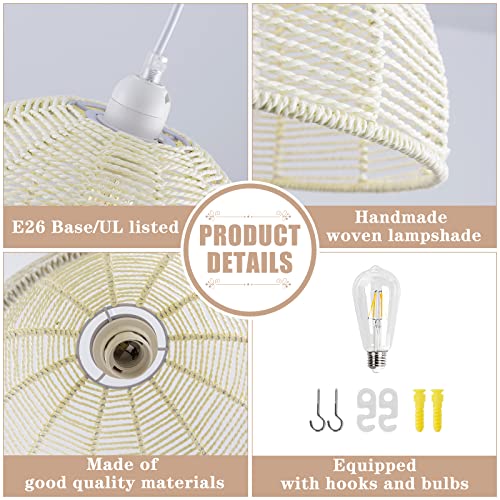 Plug In Pendant Light,Rattan Hanging Light With 15 Ft Plug In Cord,1-Light Handmade Woven Boho Pendant Lights,Plug In Hanging Ceiling Lamp For Dinning Room Table/Kitchen Island/Bedroom #TOP6