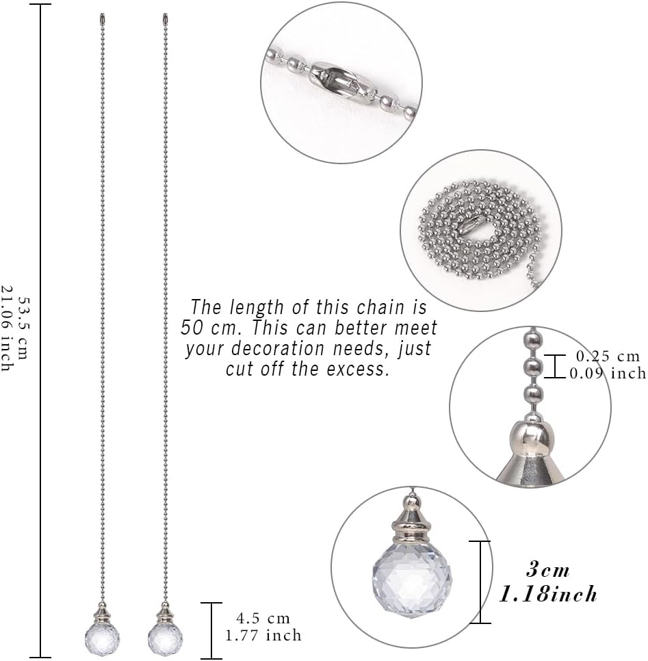 LONGSHENG - SINCE 2001 - Clear Crystal Prism Ball 30mm 2 Pieces Dazzling Crystal Ceiling Fan Pull Chain Pull Chain Extension with Connector for Ceiling Light Fan