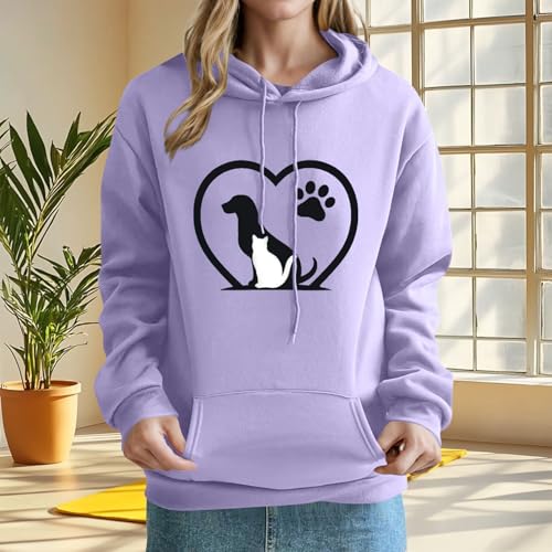 KOG Hoodie für Damen Baumwolle Sweatshirt mit Kapuze Hunde-Drucken Kapuzenpullover Warme Oberteile Hoodies Casual Oberteil Warmes Frau Fashion Oversize Kleidung Hooded Sweatshirt Lila S