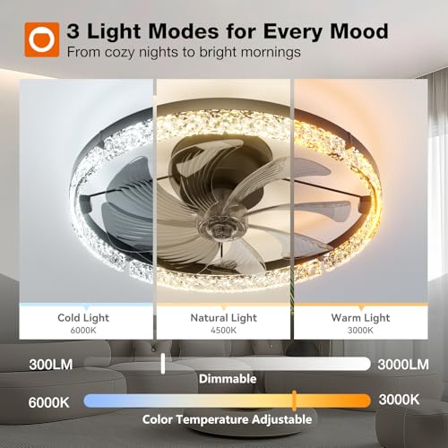 Image of addlon Ceiling Fans with Lights and Remote, 20'' Low Profile Flush Mount Ceiling Fan, 3000-6000K Dimmable LED Fandelier, Bladeless Crystal Fan Light for Bedroom, Kitchen, Living Room, Black