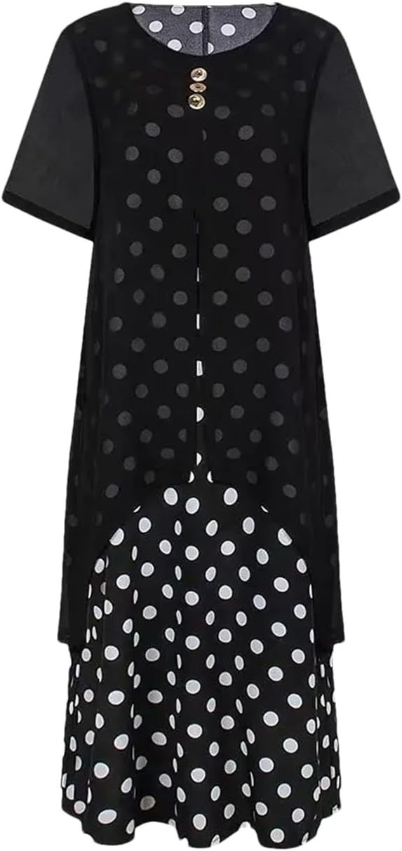 [Ornrjfll] レディースサマーポルカドットプラスサイズドレス半袖チュニックシフトドレス