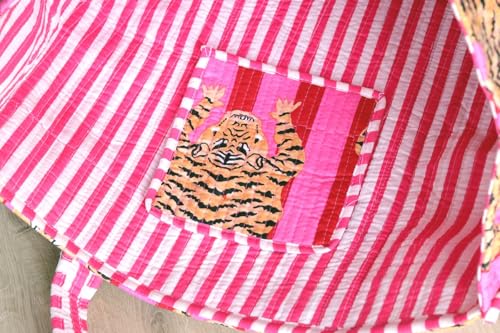 Image of YILLE Cotton Quilted Floral & Tiger Print Tote Bag, 18 x 18 inches For Grocery Shopping, Travel