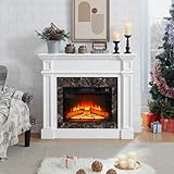 1400W Electric Fireplace with Mantel, 45'' Electric Fireplace TV Stand with Remote Control, Timer, 3 Adjustable LED Flames, Realistic Stone, Entertainment Center with Fireplace Heater, White