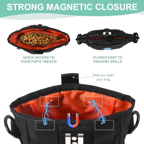 KHPR Dog Treat Pouch Magnetic Closure with Training Clicker,Hands-Free Design to Prevent Spills,Built in Poop Bag Dispenser,3 Ways To Wear,Metal Clip Waist Belt and Fanny Pack for Pet Walking(Black)