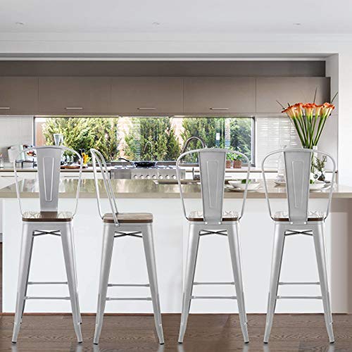 Mecor Metal Bar Stools Set of 4 w/ Removable Backrest , 30'' Dining Counter Height Chairs with Wood Seat Metal Frame, Silver