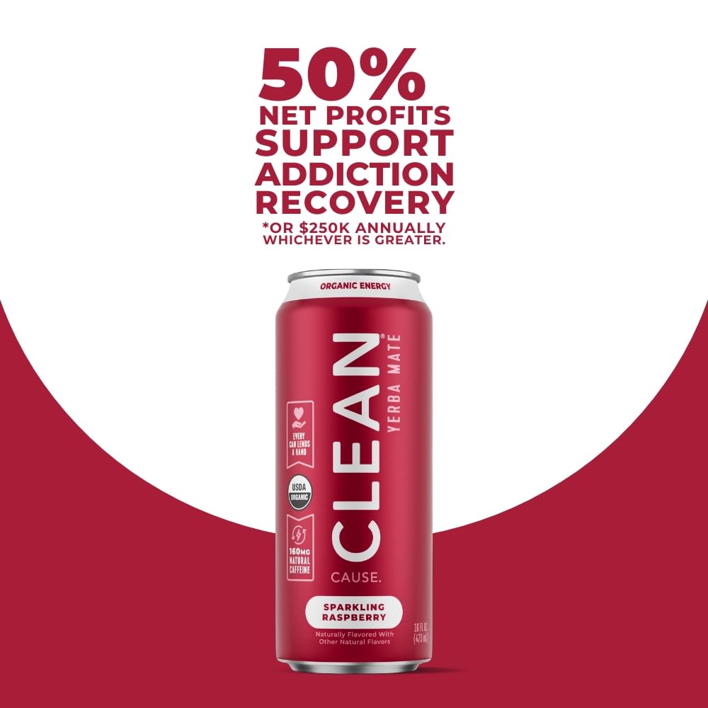 CLEAN Cause Low Calorie Raspberry Yerba Mate Tea Sparkling, USDA Organic Energy Drink Alternative, Low Sugar, 160mg Natural Caffeine, Soda Alternative, Plant-Based (16oz cans, 12-Pack Case)