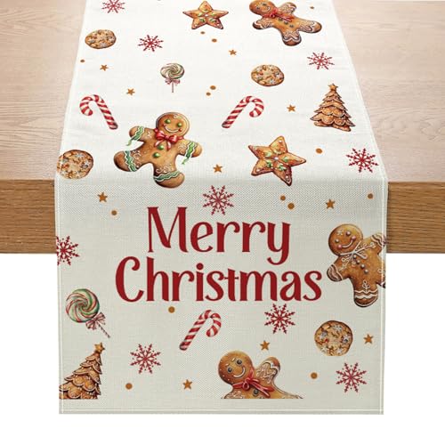 Christmas Gingerbread Table Runner 13x72 Inch Cookies Merry Christmas Seasonal Kitchen Dinning Table Decoration for Home Party Decor