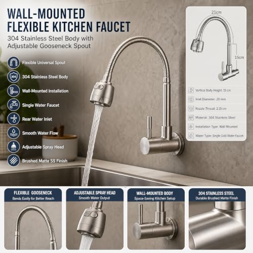 Image of InArt Wall Mounted Flexible Kitchen Faucet, Brushed Silver Gooseneck Sink Tap with Adjustable Spray Head, Single Lever, Anti-Splash Flow, 5 Year Leakage Warranty