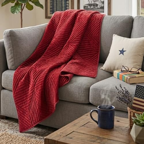 Greenland Home Riviera Velvet Finely Stitched Quilted Throw Blanket, 50 W x 60 L, Red