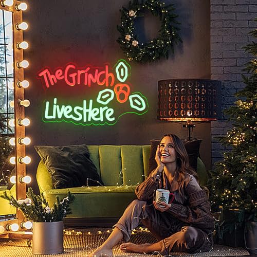 Image of The Grinch Live Here Neon Merry Christmas Neon Sign for Wall Decor Party Christmas Led Sign Window Decorations Winter Xmas Decor Wall Front Door Indoor Outdoor Decor