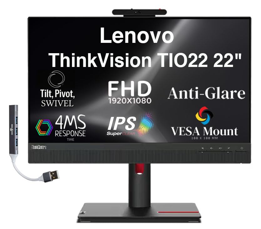 Image of Lenovo 22 inch FHD IPS Monitor with 4ms Response Time, Anti-Glare, 250 nits Brightness, VESA Mount (100 x 100mm), Displayport, HDMI & Dockztorm USB Port Expander, Black Color