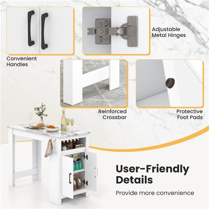 NAFORT Faux Marble Bar Table, Modern Breakfast Nook Table with 7 Hooks, Open Compartment, Storage Space & Adjustable Shelf, Counter Height Dining Table for Kitchen, Dining Room, Pub