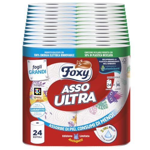 Foxy Asso Ultra |Asciugatutto 24 rotoli| Veli Plus+ Assorbenti e Resistenti | Decorato|100% Energia elettrica rinnovabile| Confezione riciclabile prodotta con plastica riciclata