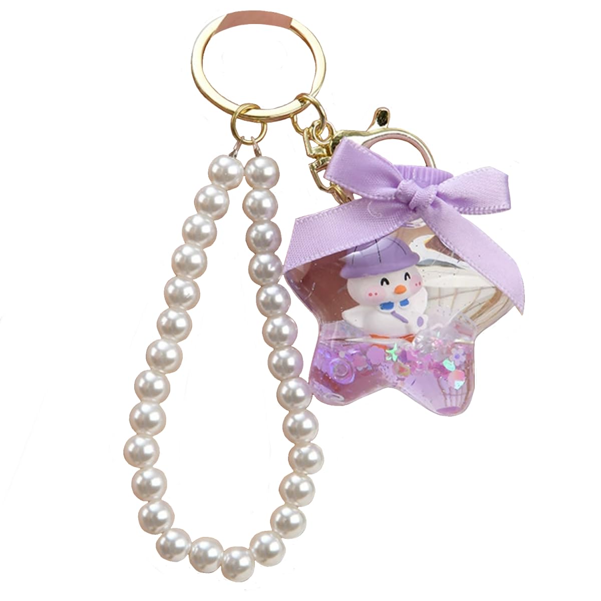 JTDZ Cartoon Pentagram Duck Liquid Quicksand Keyring with Bow Pearl Beaded Wrist Lanyard Key Chain Holder for Girls (Purple)