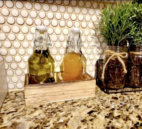 Oil and Vinegar Dispenser Set Cruet Glass Bottles with Swing Top and Wood Caddy for Salad Dressing Condiments, Rustic and Farmhouse Kitchen Decor - Thumbnail 5