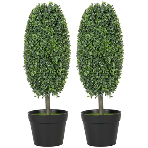 HOMCOM 2er-Set Künstliche Buchsbaum 60 cm Kunstpflanze im Olivenform, künstliche Pflanzen im Topf, UV-beständig Kunstbaum Fake Plant wie echt Dekoration für Wohnzimmer Schlafzimmer Outdoor