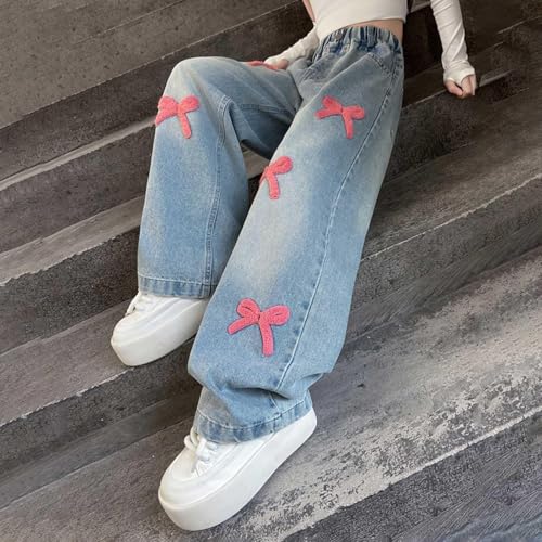Girls Bow Jeans Baggy Pants/Wide Leg/Flare/Skinny Denim Cute High Waisted Teen Clothes Casual Y2k Streetwear with Pockets2