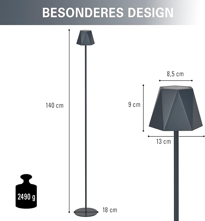 Clauss Clauss Led-vloerlamp met accu via USB oplaadbaar, draadloos, met dimmer, van metaal voor binnen en buiten, IP54, grijs, 10015 photo 2