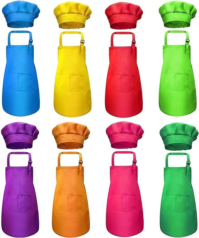 8 Pack Kids Aprons for Baking Set, Children Aprons and Chef Hat Bulk, Children Adjustable Chef Apron with Pocketed for Boys Girl's Kitchen Cooking Baking Painting Wear (7-13 years)