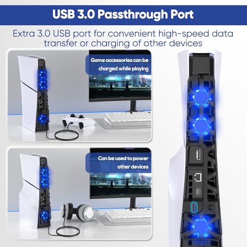 Image of FASTSNAIL Cooling Fan for PS5 Slim Console, Quiet Cooling System with Memory Function and LED Light, Cooler Accessories with 3 High-Speed Fans & USB 3.0 Port for New PlayStation 5 Slim