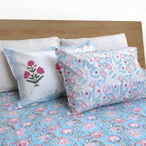 Image of TOAI Hand Block Printed Bedsheet | Bed Spread Flatsheet Bed Sheet | Pure Cotton | Queen Size 90 inchx108 inch | 210 TC Luxury Cotton | 2 Reversible Pillow Covers |Pink Florals on Blue