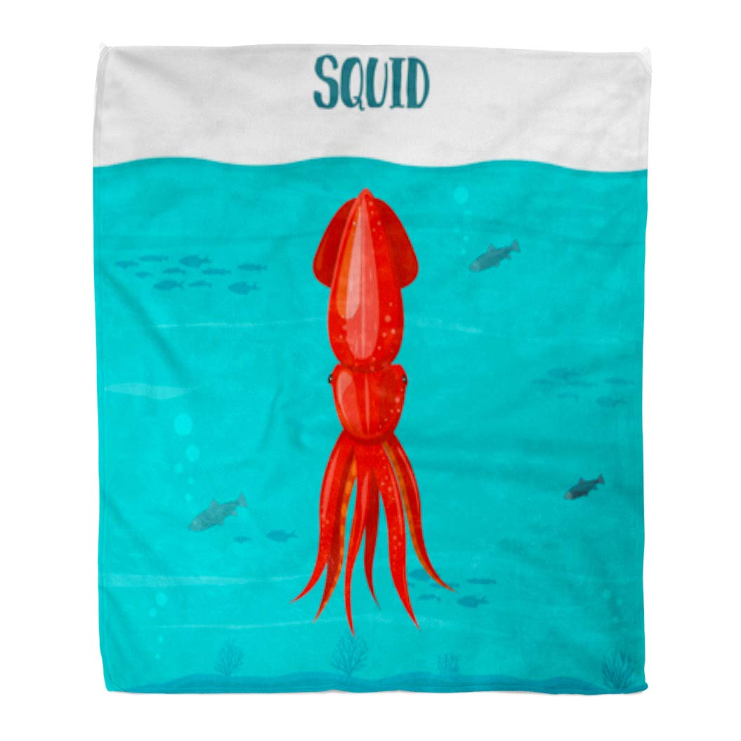 Golee Throw Blanket Squid Red Blue Water Seafood in Sea Cartoon Character Flat 60x80 Inches Warm Fuzzy Soft Blanket for Bed Sofa