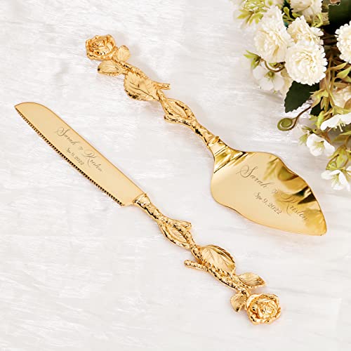 Cake Cutting Set for Wedding, Personalized Gold Cake Knife and Server Set, Custom Cake Serving Set, Engraved Pastry Pie Server Cake Pizza Cutter, Christmas Birthday Bridal Gift (Rose)