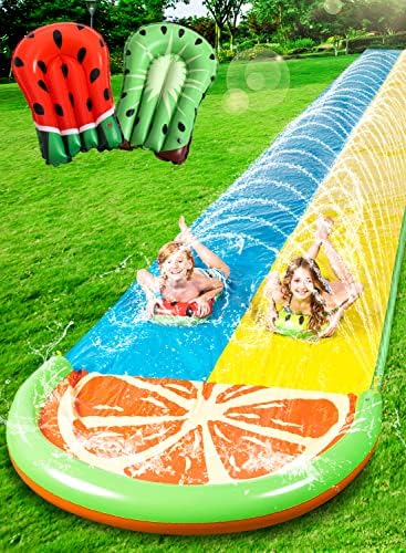 Sloosh 20ft Double Water Slides with 2 Boogie Boards Backyard Outdoor Slip Lawn Waterslide 2 Sliding Racing Lanes with Sprinklers Summer WaterToy 20ft x 62in, Orange
