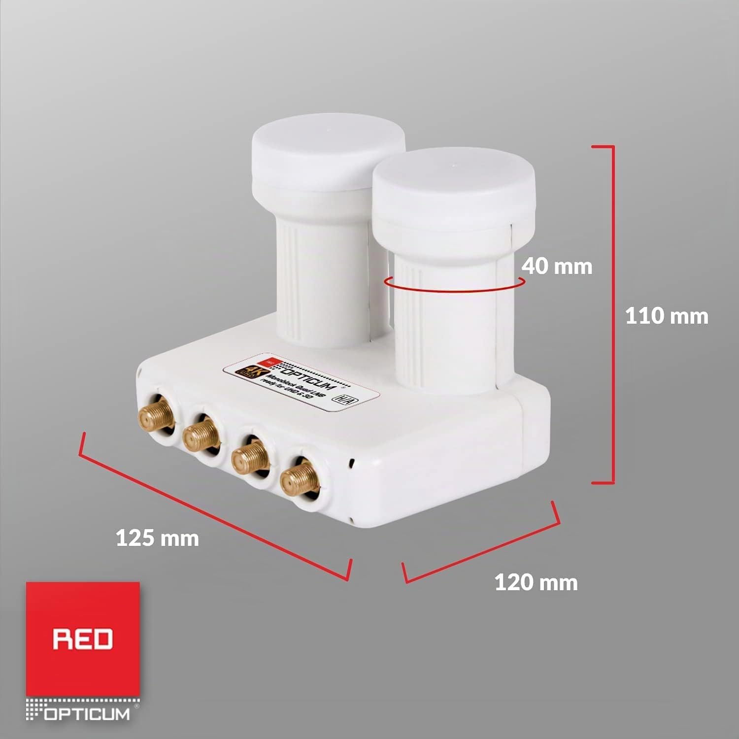 RED OPTICUM LMQP 04H Monoblock Quad LNB 0.1dB - LNB Doppelkopf für 4 Teilnehmer & 2 Satelliten mit integriertem DiseqC - 3D UHD 4K Ready - Monoblock für Astra Hotbird inkl. Wetterschutztülle