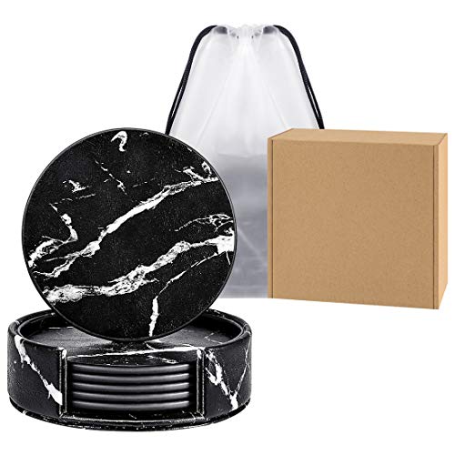 Coaster Round, White Marble Leather Tea Coaster Home, Coffee Shop, Bar, Hotel Non-Slip Drink Pad And Storage Box Combination Set Marble Pattern… (Black) #TOP3