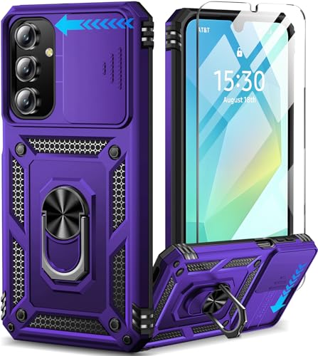 BaHaHoues for Samsung Galaxy A16 5G Case with Screen Protector & Slide Camera Lens Cover, Built-in 360 Rotate Magnetic Ring Stand, Shockproof Protective Phone Case for Samsung A16 5G (Purple)