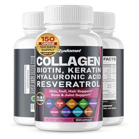 Collagen Biotin Vitamin C Niacin Trans-Resveratrol Hyaluronic Acid Quercetin Green Tea Glutathione Rosemary -150 Capsules- Made in USA Cover