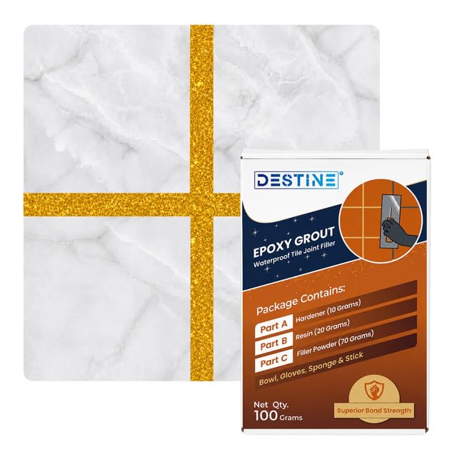 Image of DESTINE Epoxy Grout for Tiles (110 Colours)(100 g), Waterproof Joint Filler, Crack Filler, Tiles Gap Filler, Stain Free, Acid & Chemical Resistance Epoxy Grout (Luxury [Bright Gold Glitter])