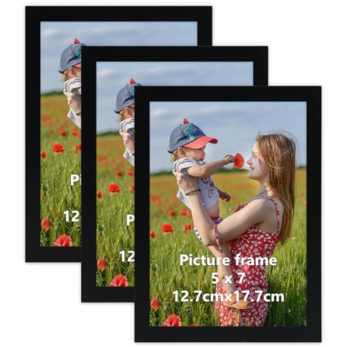 Vasemouh 7x5 Photo Frame Pack of 3, Black 5x7 Picture Frame, Tabletop or Wall Hanging for Home, Gallery or Office Decor