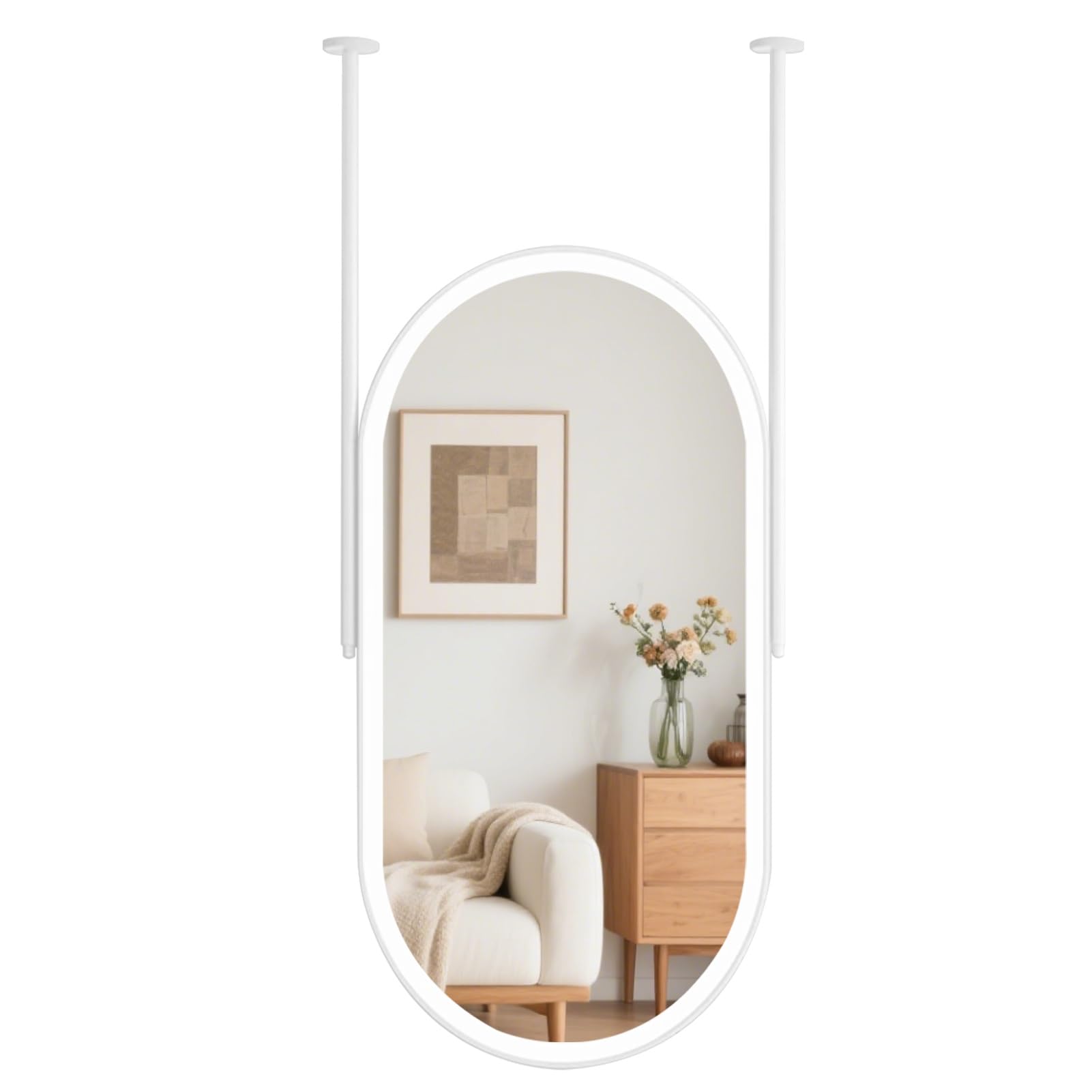 SXFSDOU Oval Metal Frame Mirror Wall Decor LED Mirror, Ceiling Hanging Rod Mirrors for Bathroom Washroom, Makeup Vanity Over Sink, Store Hotel Entrance Mirrors(50cmx70cm)