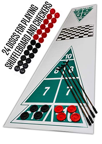 Family Shuffleboard Court with Checker Board 2 Games in One 4\" Discs (12 Red, 12 Black), 4 - Shuffleboard Cues, 3\'W x 18\'L Rollout Court, Rules for Shuffleboard & Checkers