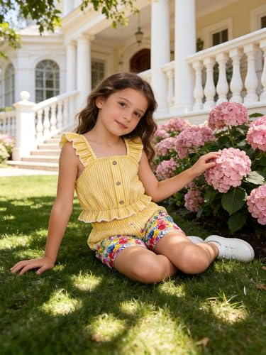 Image of Kids Toddler Girls Summer Clothes Button Design Striped Tank Top + Floral-Print Elastic Shorts 2 Piece Outfits
