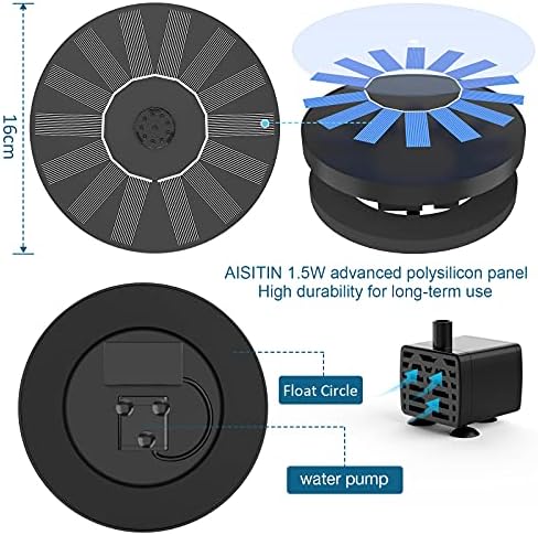 AISITIN Solar Fountain Pump, Solar Powered Water Fountain with 6 Nozzles, Floating Solar Pond Pump for Bird Bath, Garden, Pond, Pool and Fish Tank