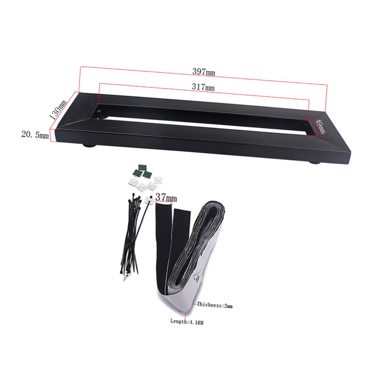 Supporto Effetti Chitarra Elettrica Nero Singolo 40x13cm Metallo | 15 Fascette, 15 Ventose, 1 Striscia in Tessuto a Strappo, Profilo Compatto, per Alimentazione Effetti Pedalboard