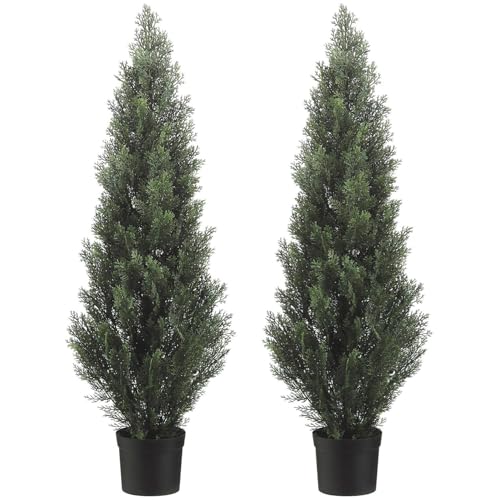 Two 5 Foot Artificial Topiary Cedar Trees Potted Indoor Outdoor Plants