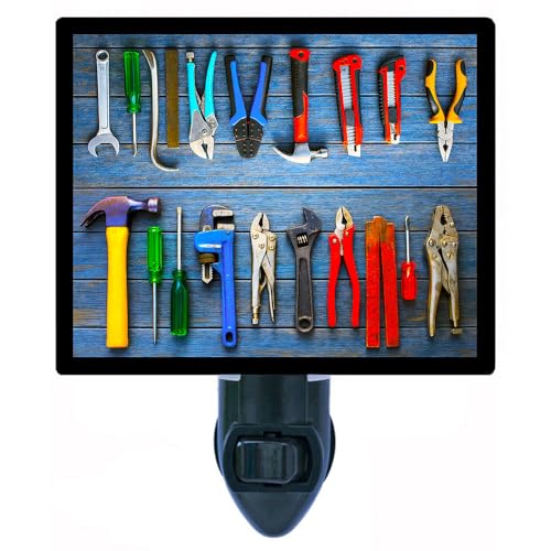Tools Night Light – Hand Tools Workshop Decor, Hammer Wrench Screwdriver Pliers Design – Includes Free Switchable Insert